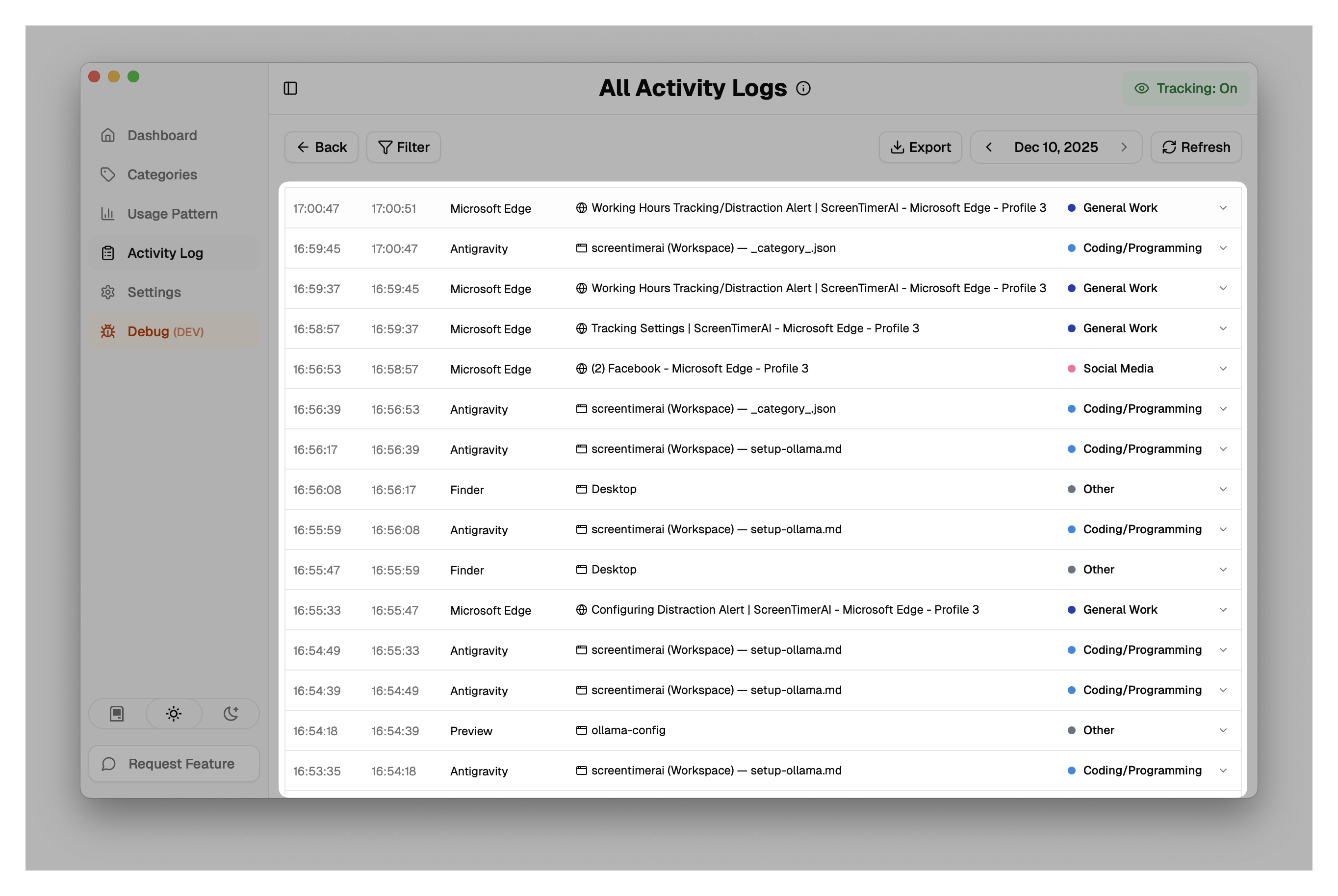 Example of tracked information displayed in "Activity Log"
